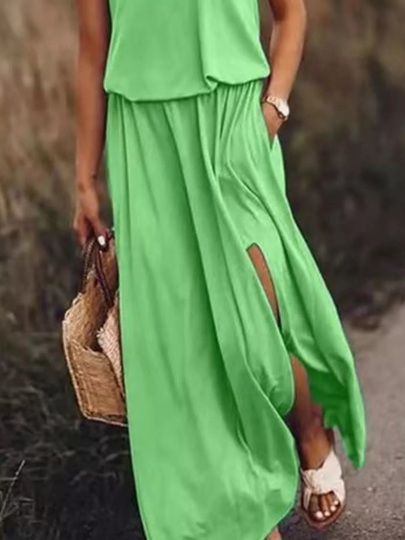 Full Size Round Neck Sleeveless Slit Maxi Dress Plus Size 