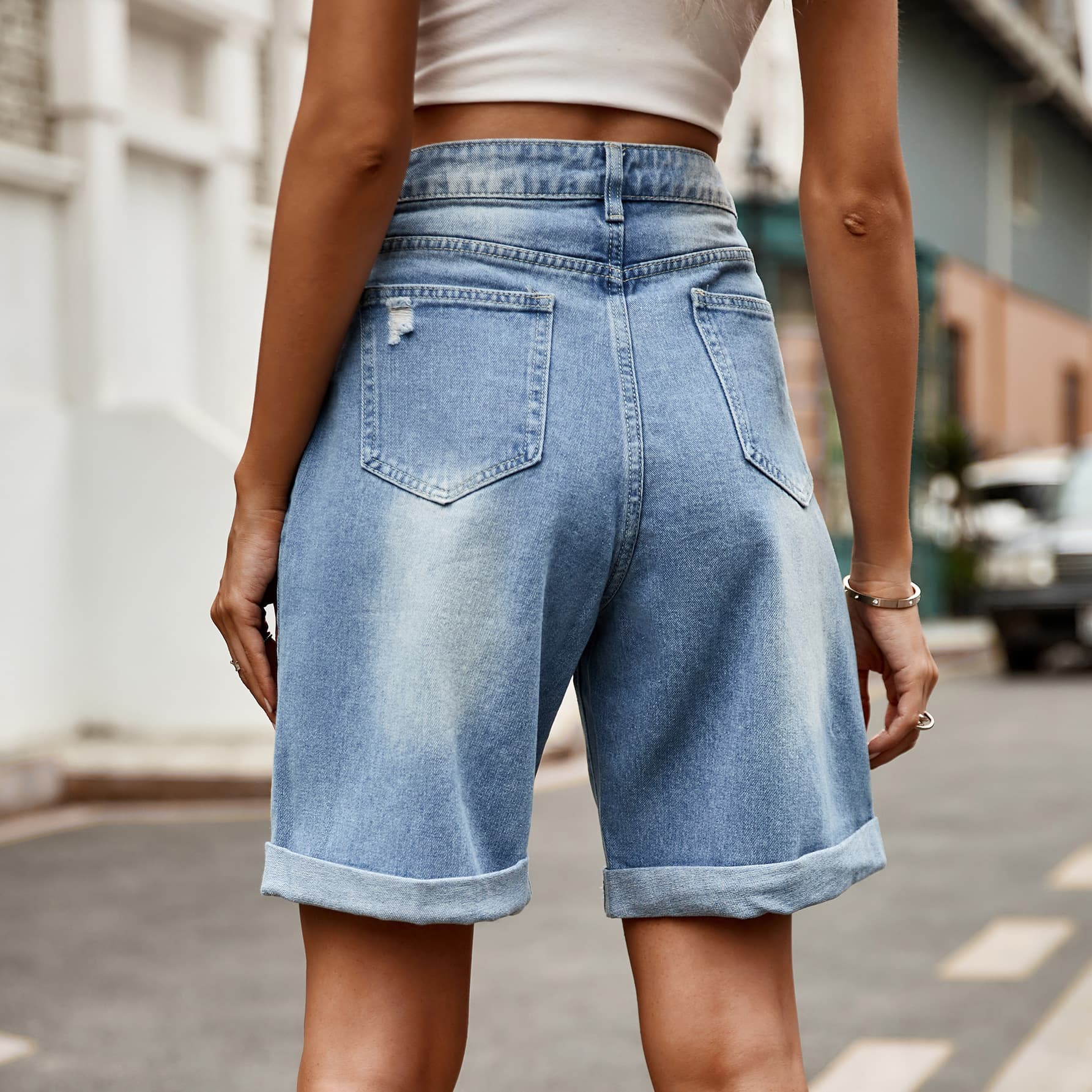 Distressed Buttoned Denim Shorts with Pockets 