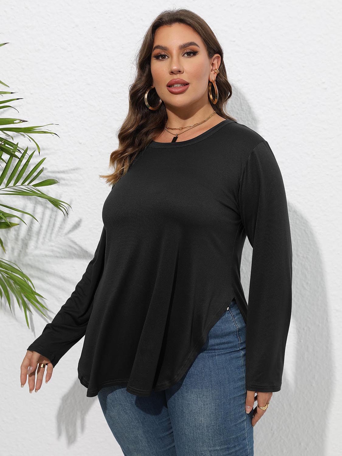Plus Size Round Neck Long Sleeve Slit T-Shirt 