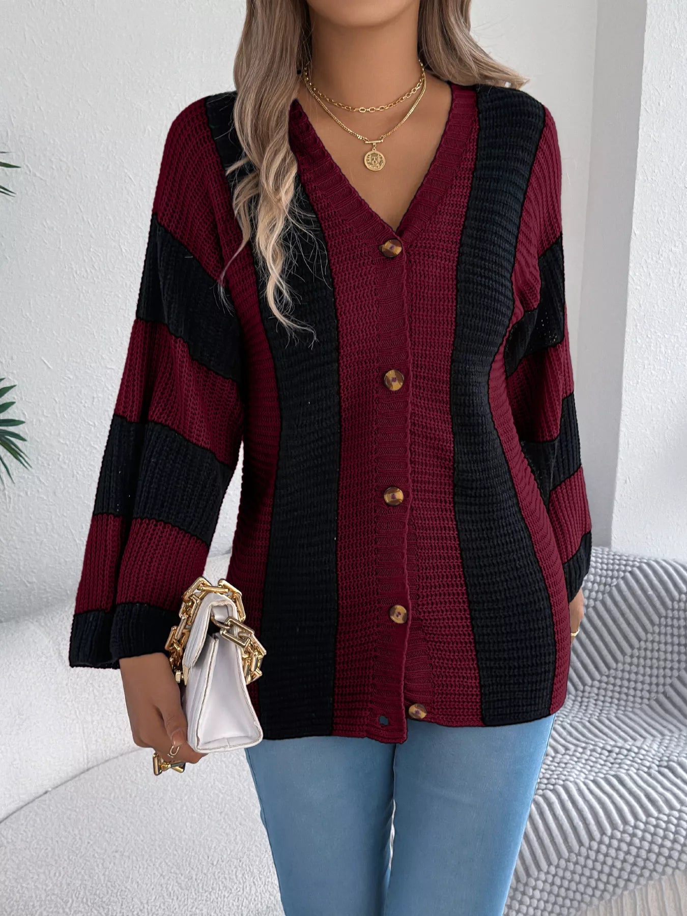 Color Block Button-Up Cardigan 