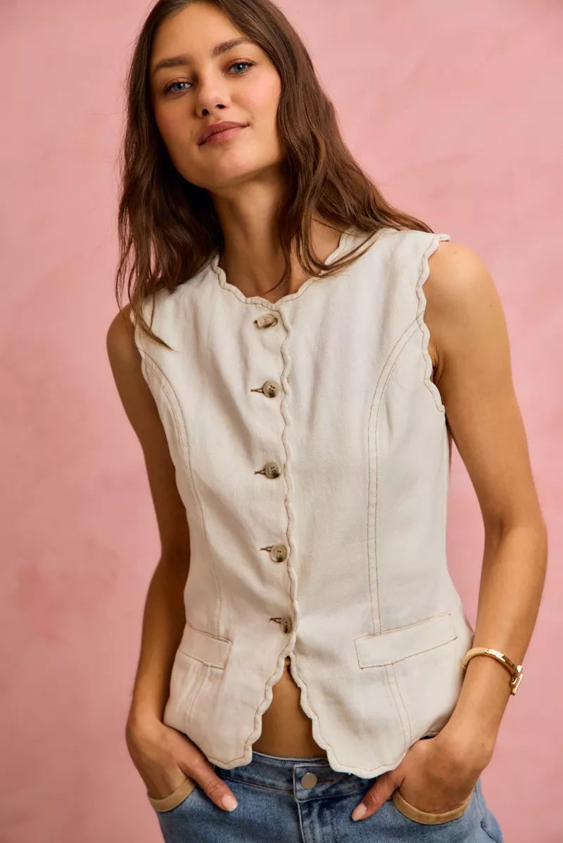 SO ME Scalloped Edge Cotton Twill Washed Vest Top 