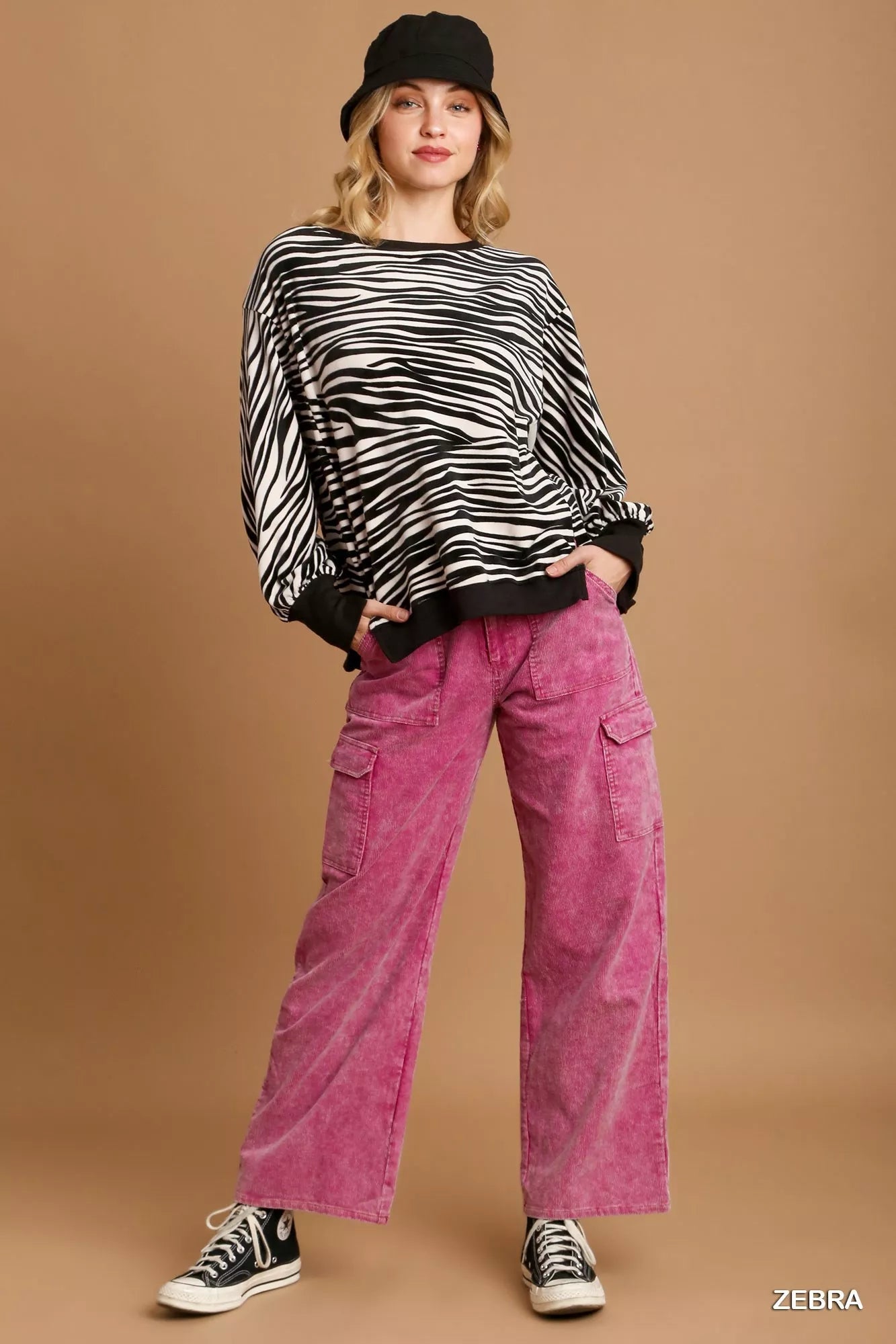 Umgee Zebra Striped Fleece Pullover Sweater Shirt 