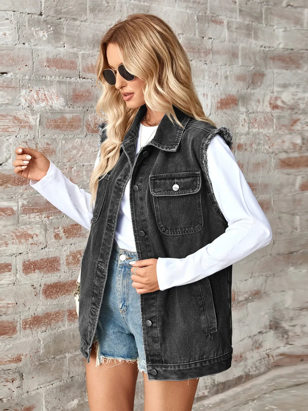 Raw Hem Sleeveless Button Up Denim Jacket 