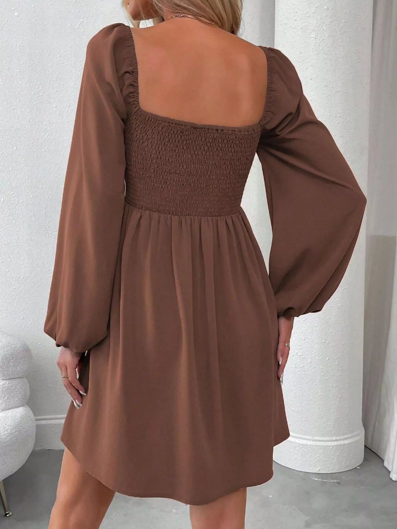 Ruched Square Neck Long Sleeve A-Line Dress 