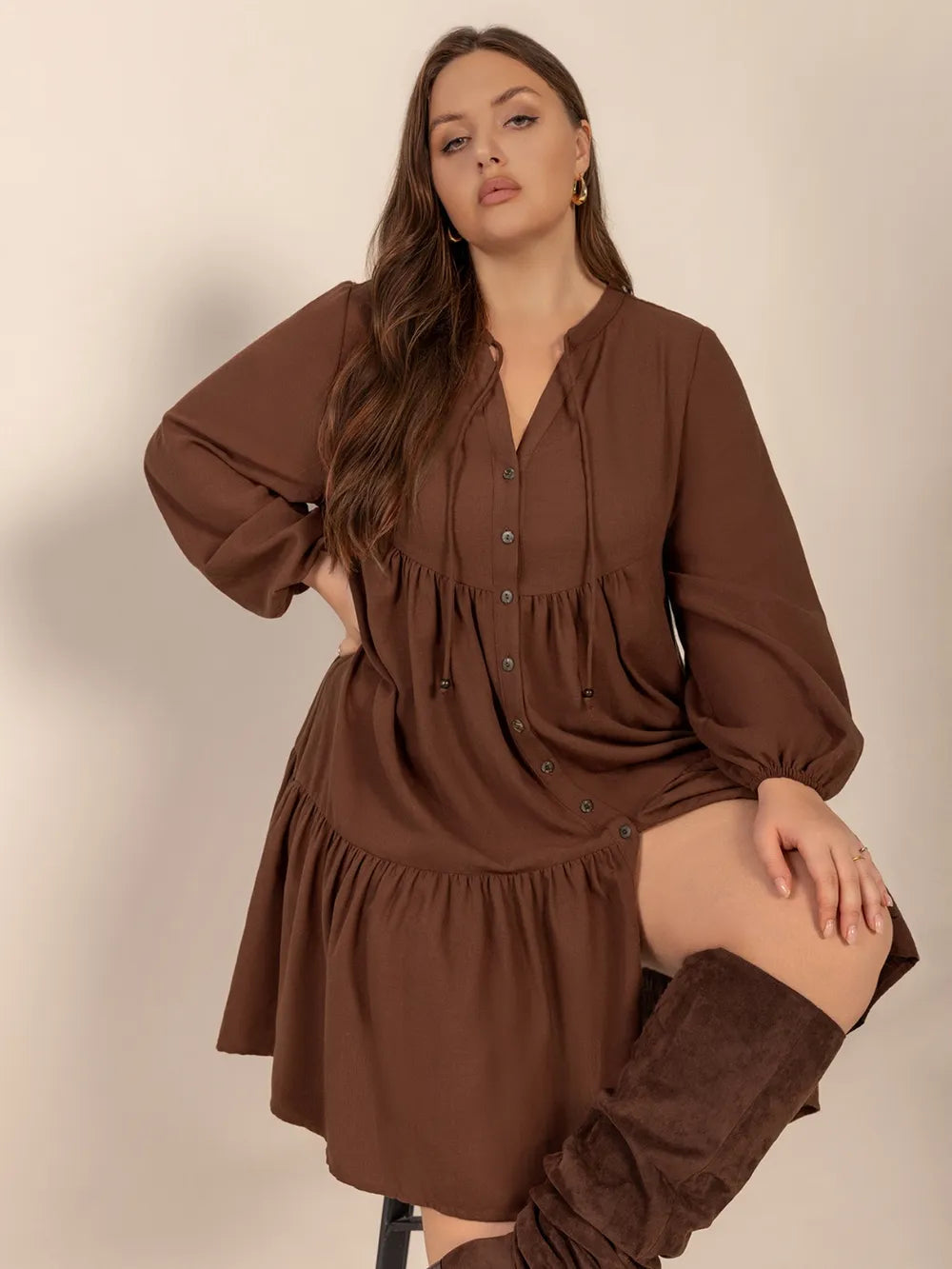 Plus Size Tie Neck Balloon Sleeve Tiered Dress 