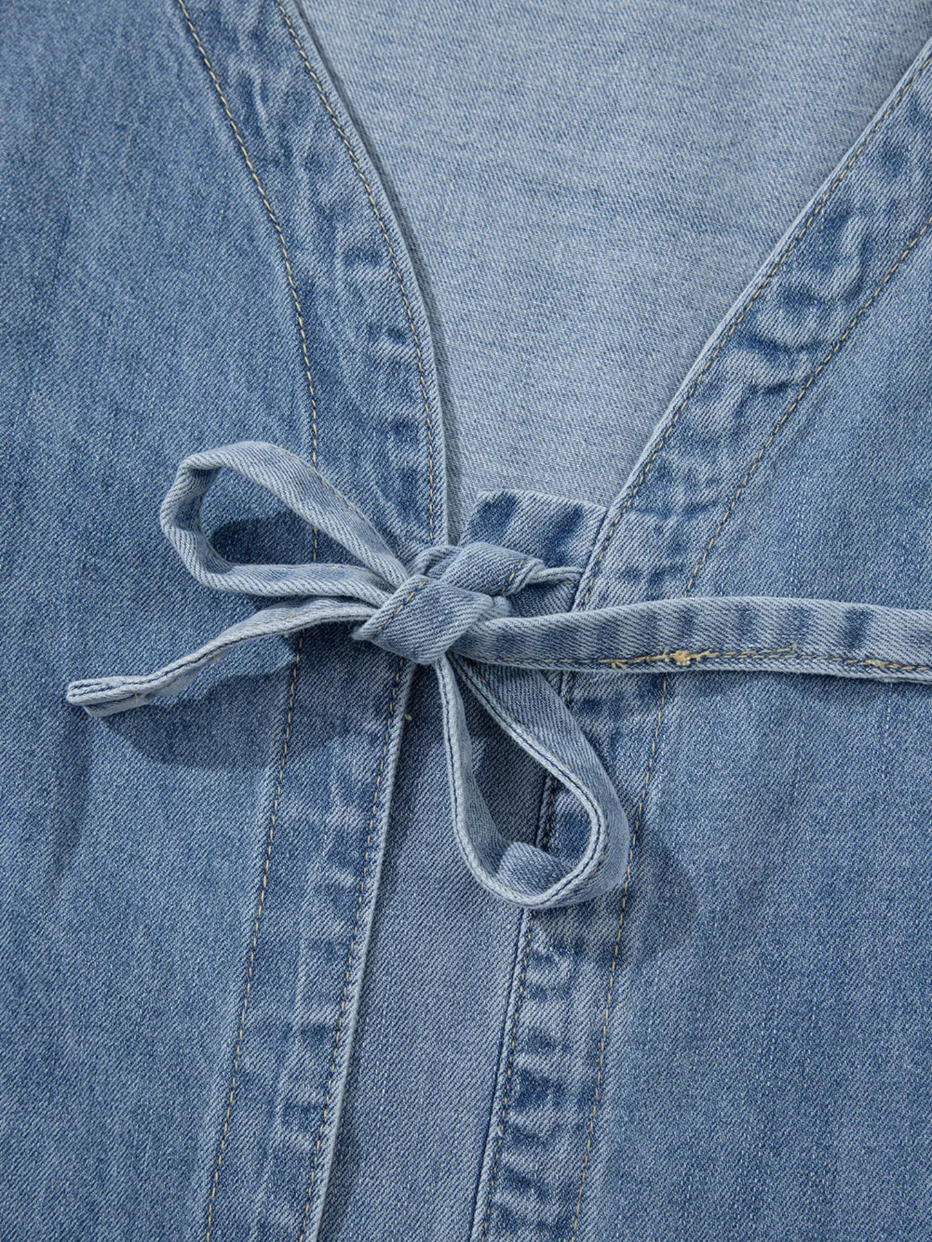 Tied Front Puff Sleeve Denim Top 