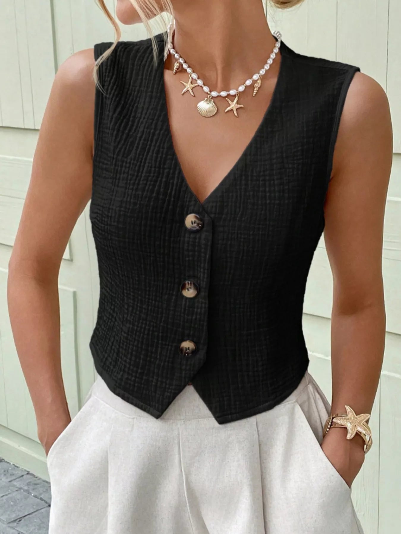 Textured Button-Front Vest 