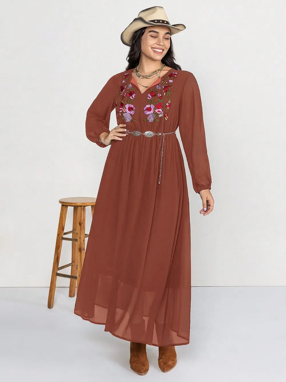 Plus Size Embroidered Tie Neck Long Sleeve Dress 