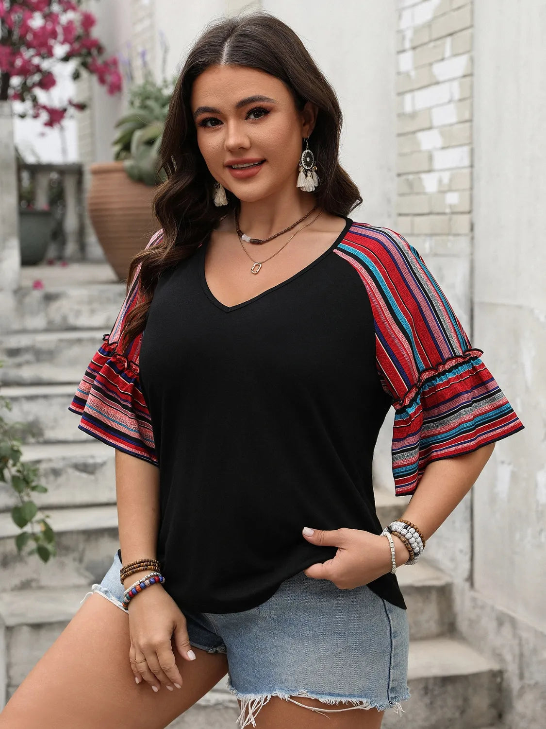Plus Size V-Neck Flounce Sleeve Top 
