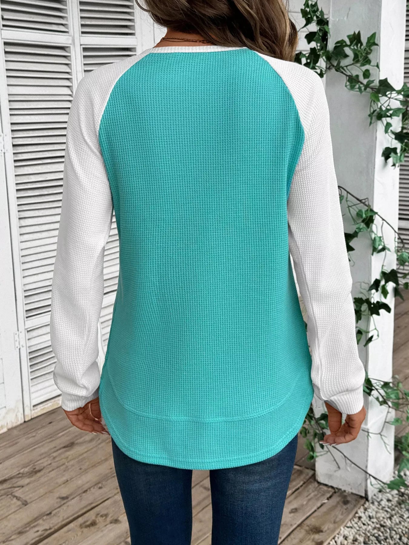 Contrast Raglan Sleeve Waffle Knit T-Shirt 