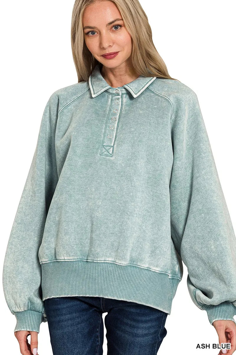 Zenana Acid Wash Fleece Collared Sweatshirt 
