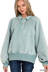 Zenana Acid Wash Fleece Collared Sweatshirt 