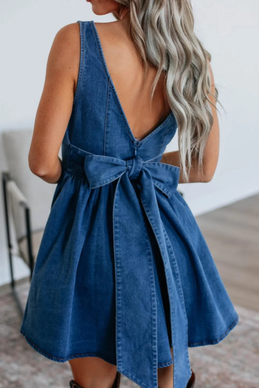 V-Back Bow Tie Denim Skater Dress 