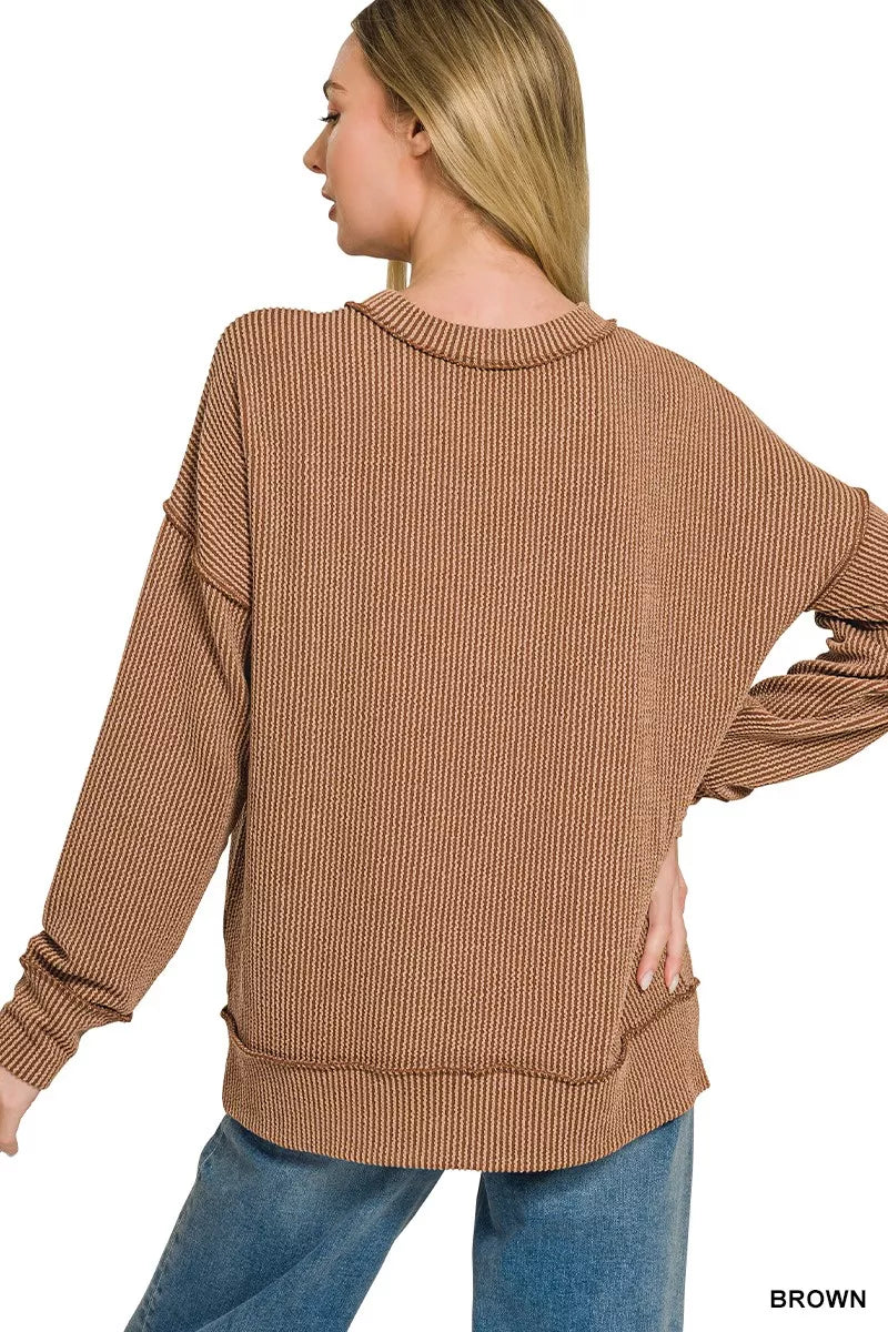 Zenana Corded Rib Long Sleeve Round Neck Top 