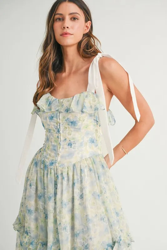 MABLE Floral Printed Shoulder Strap Midi Dress 
