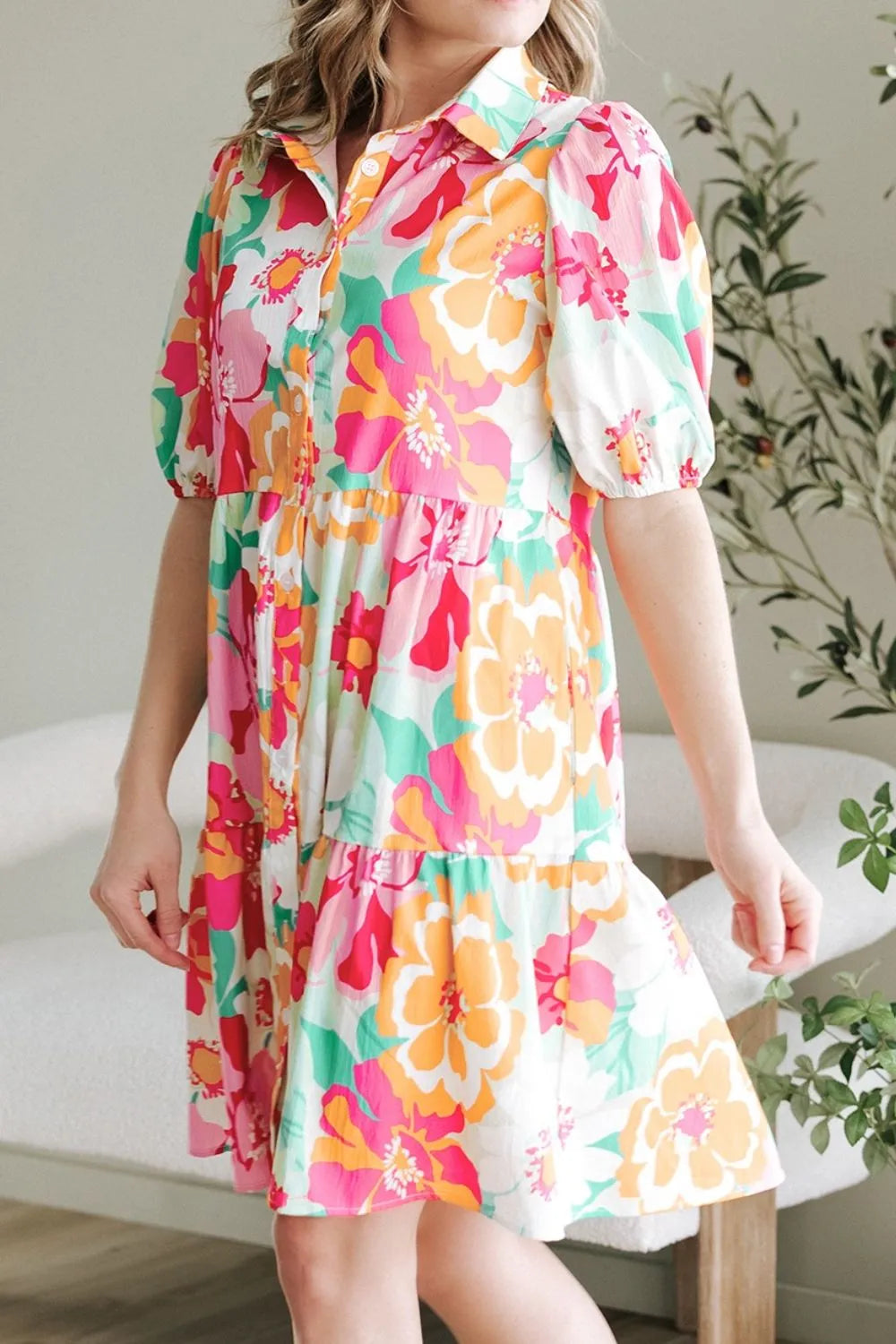 Button Down Floral Puff Sleeve Babydoll Dress 