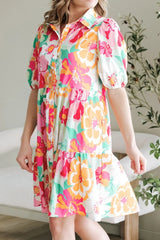 Button Down Floral Puff Sleeve Babydoll Dress 