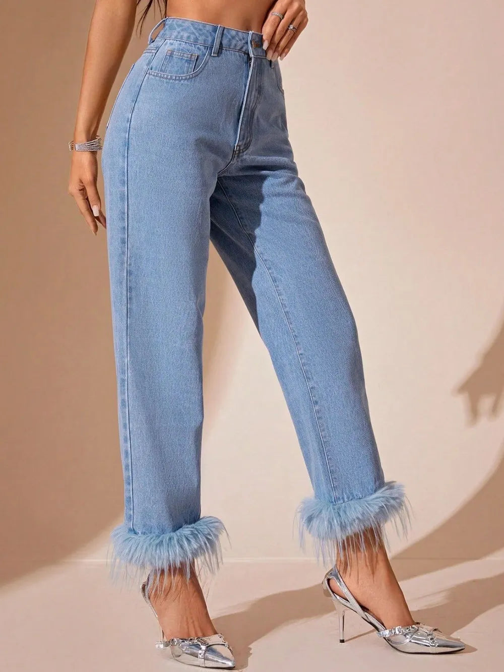 Plush Hem High Rise Straight Jeans 