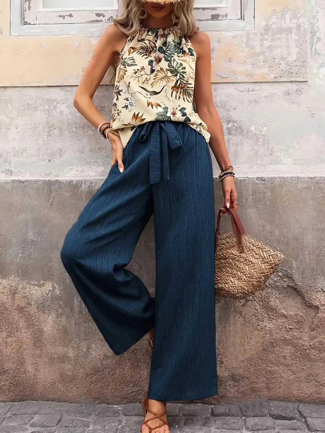 Printed Tank Top and Wide Leg Pants Set 