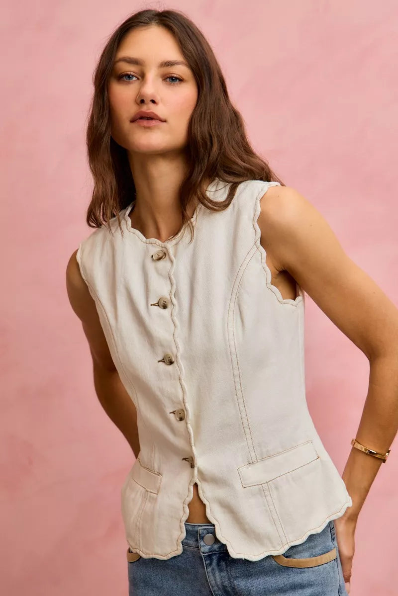 SO ME Scalloped Edge Cotton Twill Washed Vest Top 
