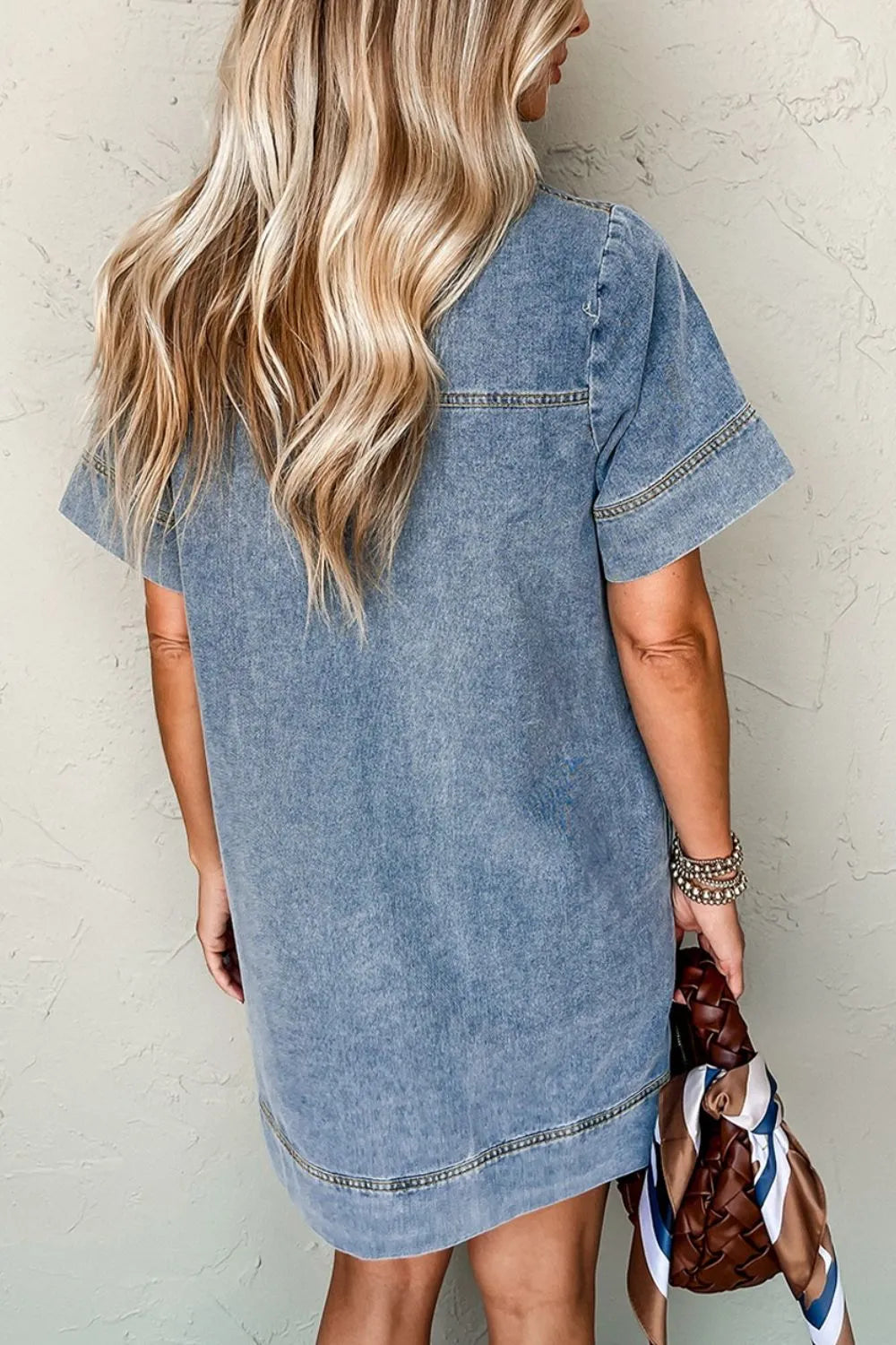 Short Sleeve Collared Patched Pocket Denim Mini Dress 