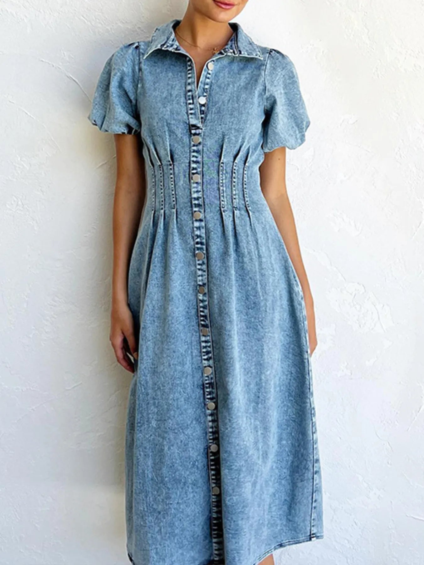 Puff Sleeve Button Front Denim Midi Dress 