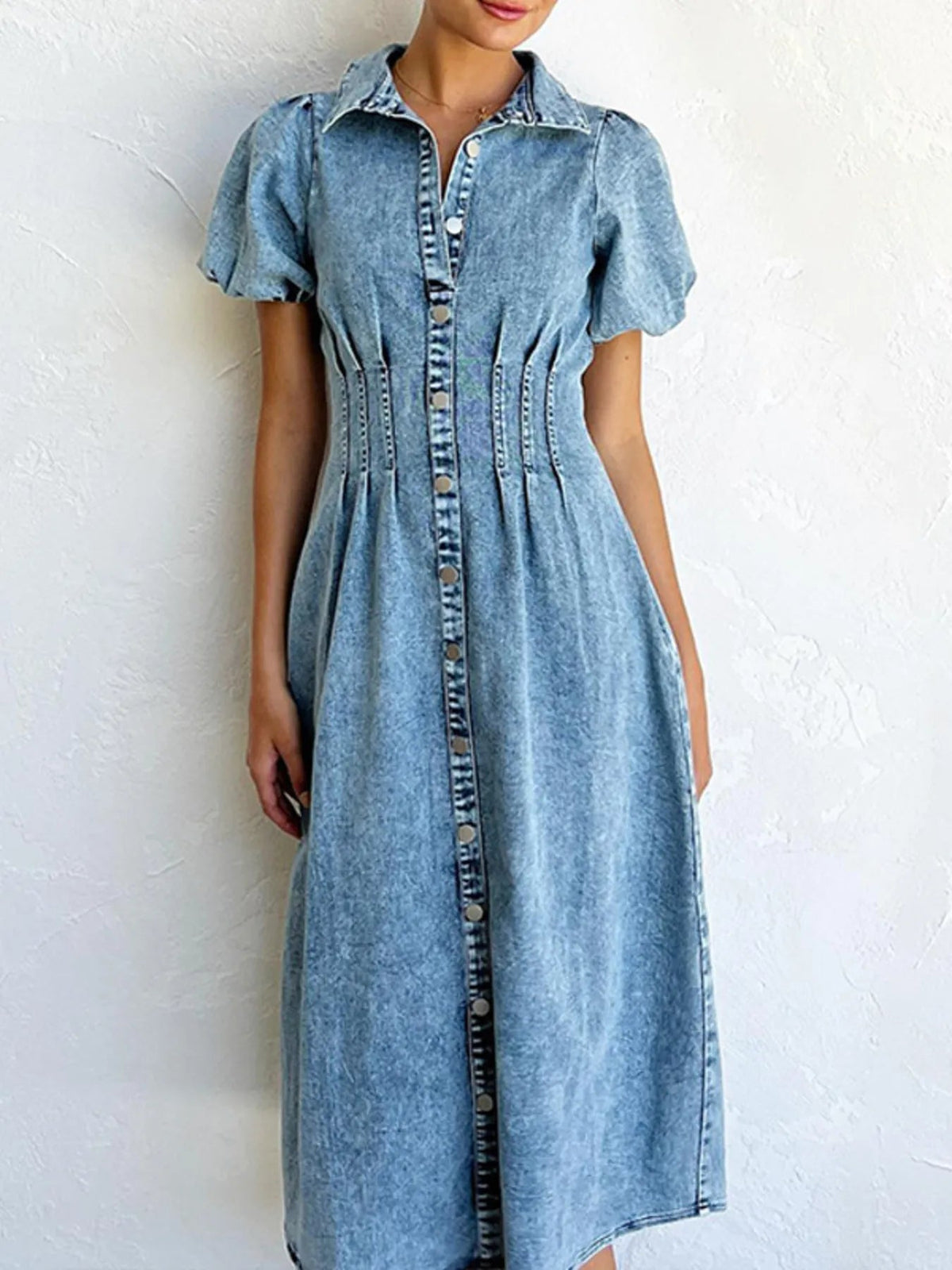 Puff Sleeve Button Front Denim Midi Dress 