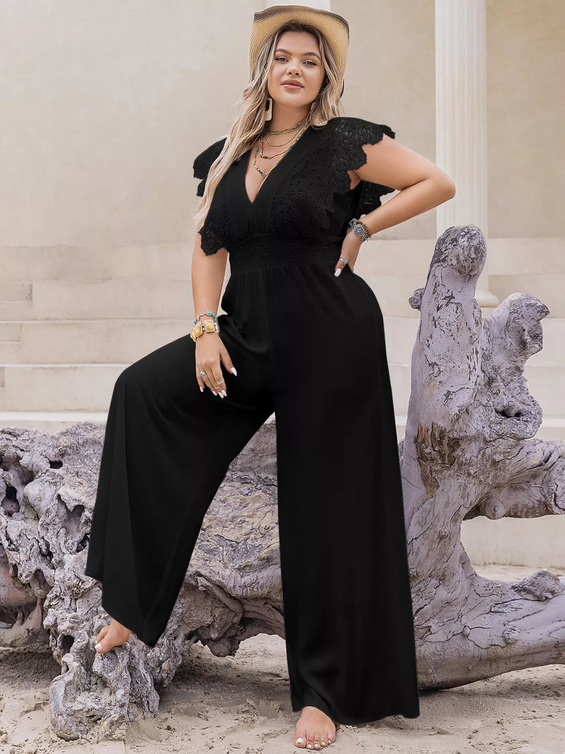 Plus Size Lace Cap Sleeve Wide Leg Jumpsuit 