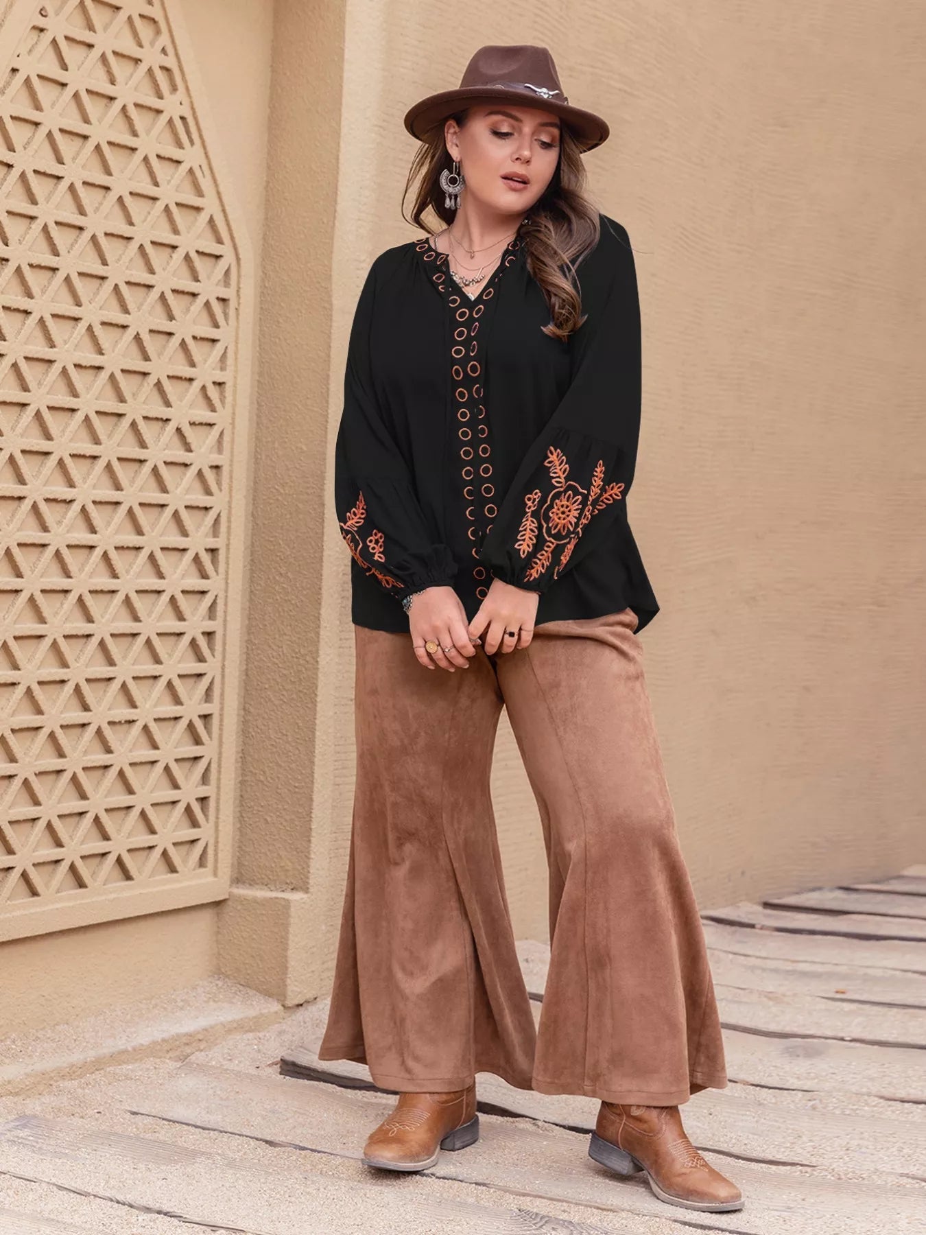 Plus Size Boho Embroidered Long Sleeve Blouse 
