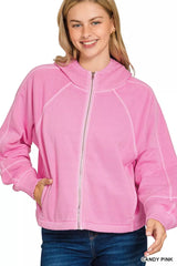Zenana Fleece Pigment Dye Zip Up Hoodie with Pockets 