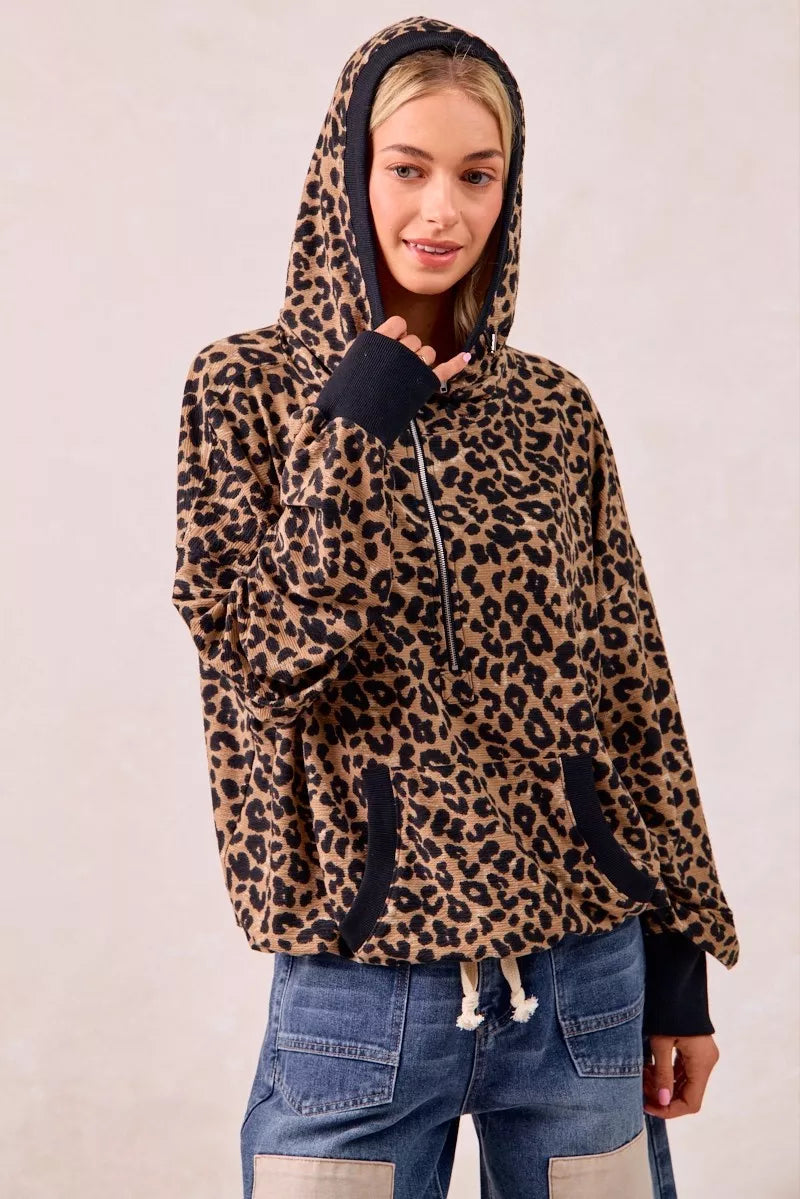 BiBi Leopard Print Waffle Half Zip Up Hoodie W Pocket 