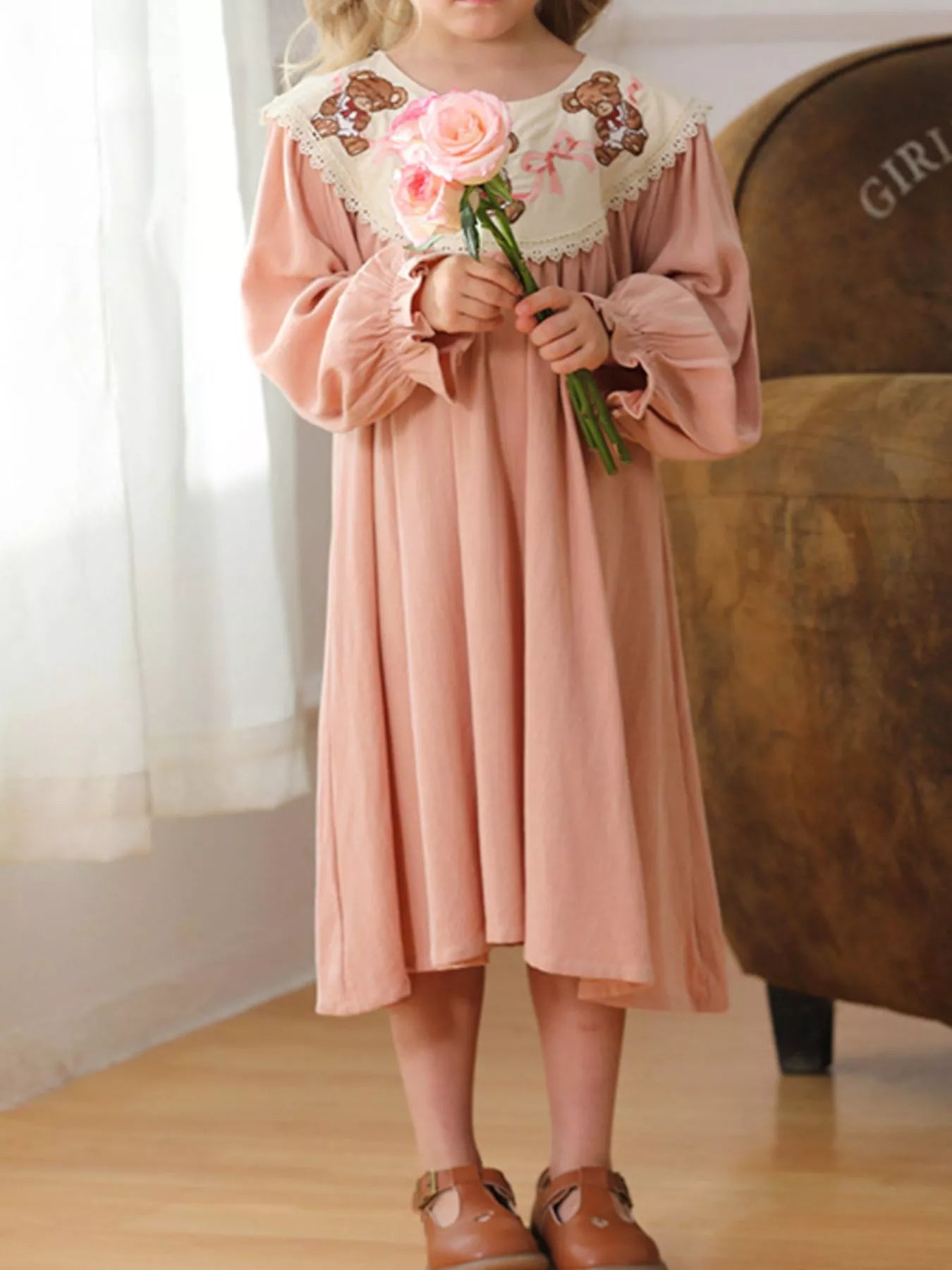 Children's Teddy Bear Embroidered Collar Long Sleeve Dress 