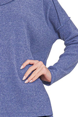 Zenana Full Size Brushed Ribbed Hacci Drop Shoulder V-Neck Sweater Plus Size 