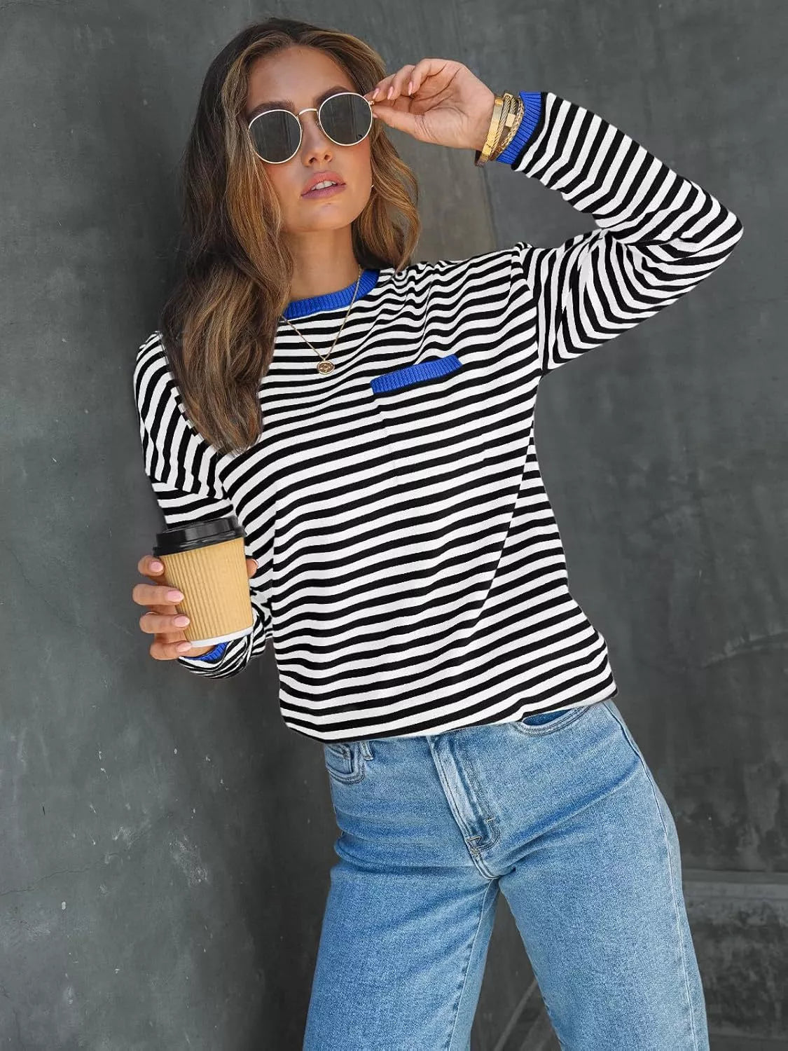 Striped Long Sleeve Sweater with Contrast Ribbed Trim 