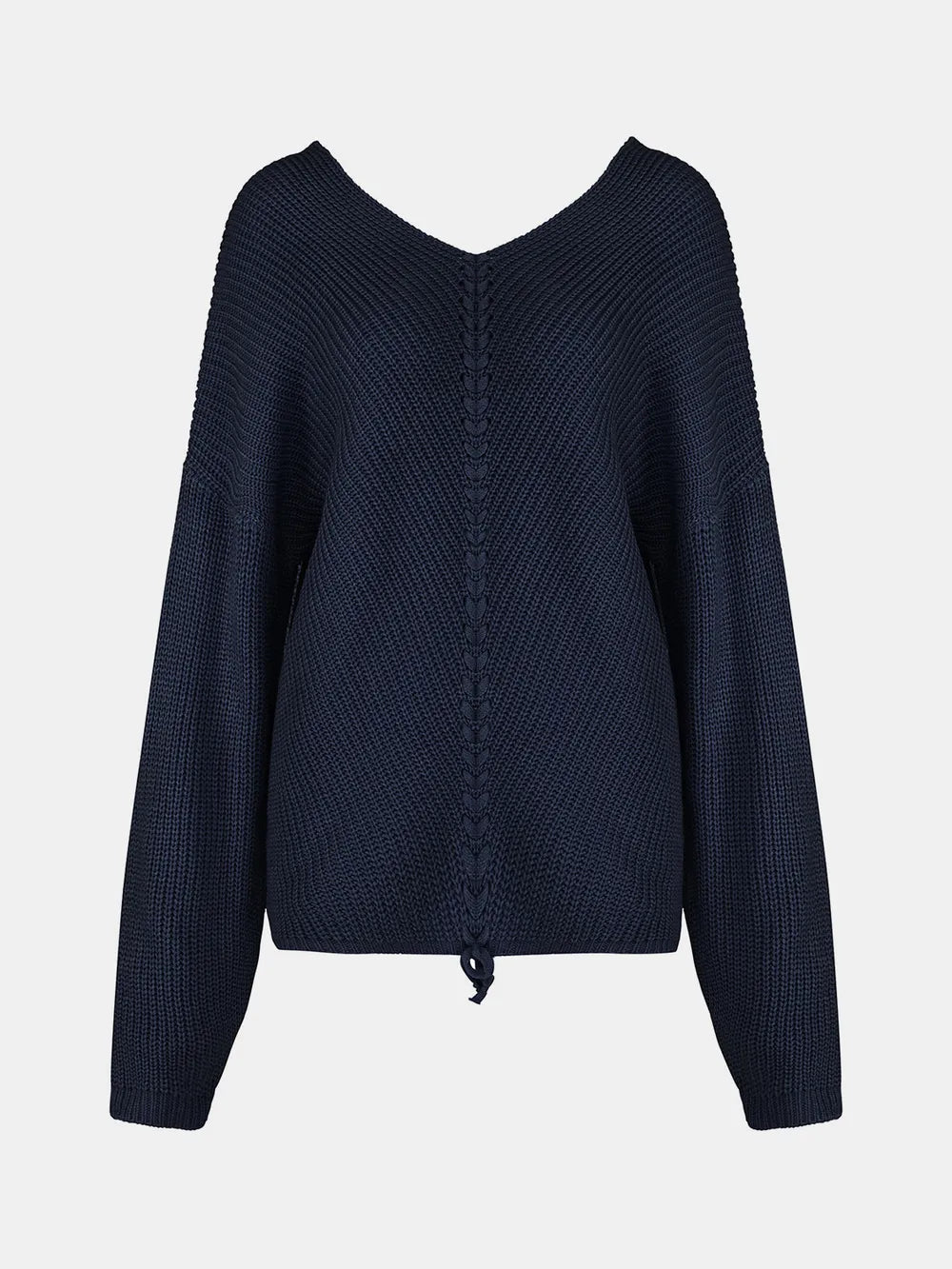 Full Size Lace Up V-Neck Long Sleeve Sweater 
