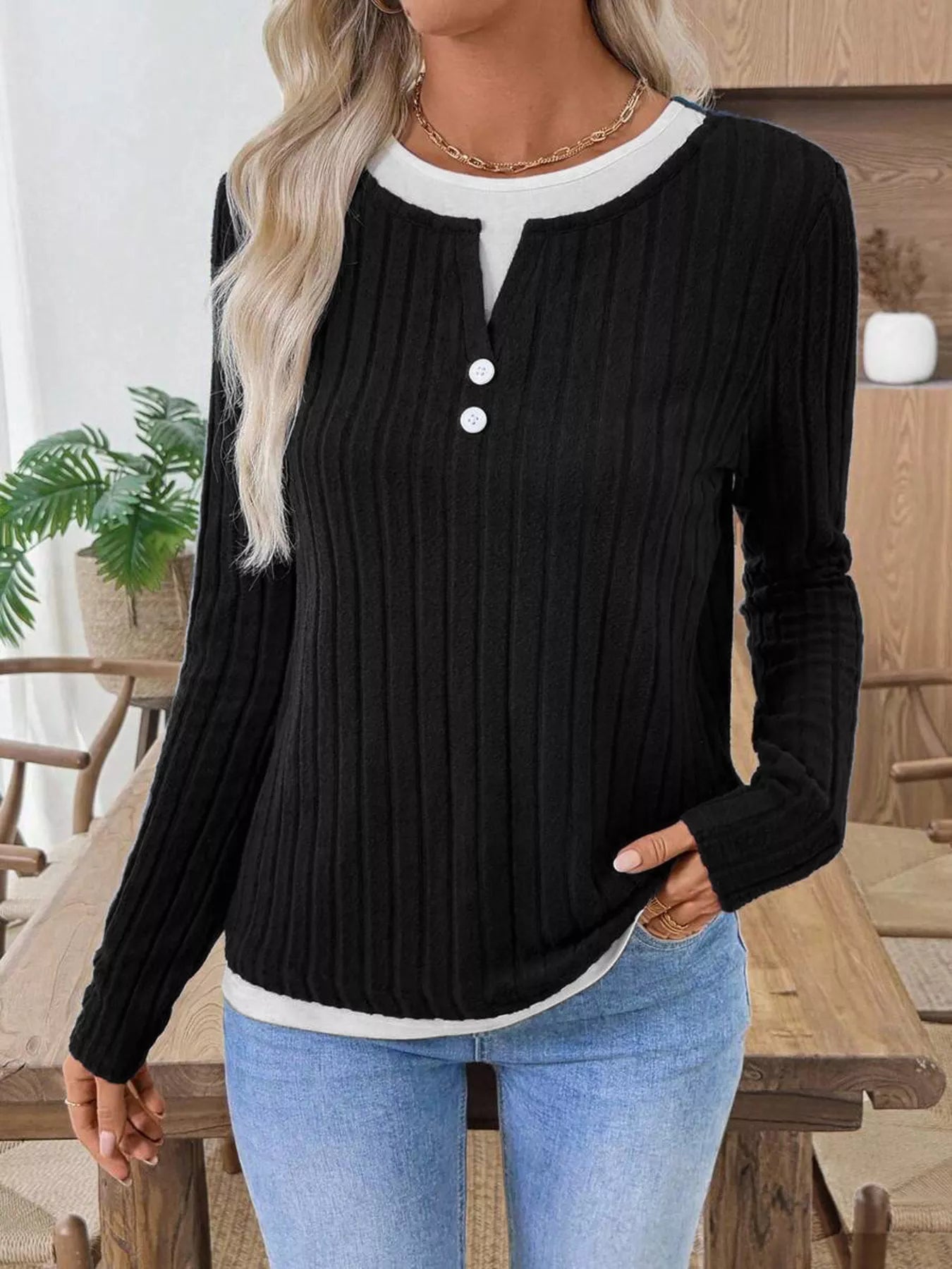 Ribbed Knit Button Detail Contrast Sweater 