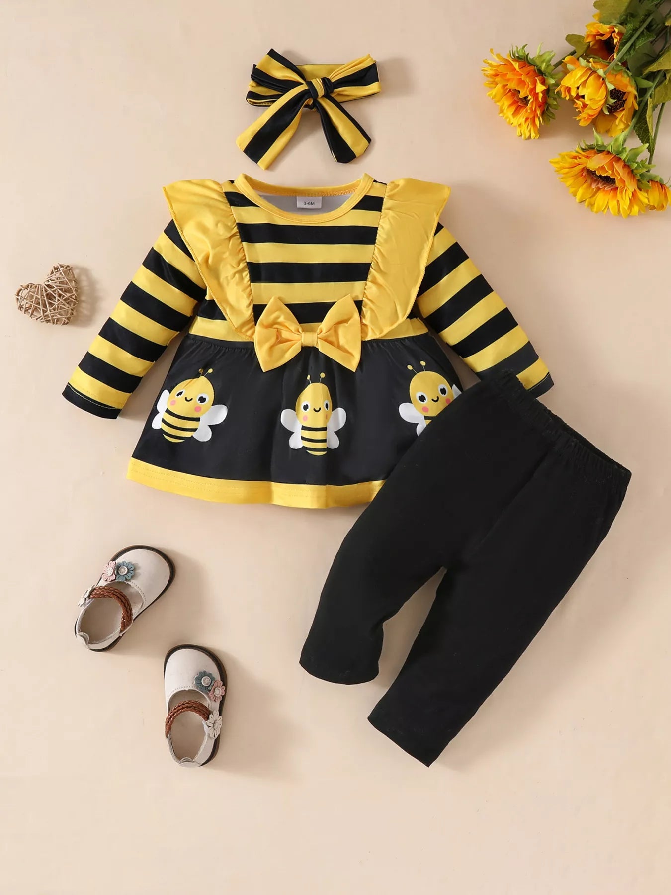 Children's Ruffled Top and Pants Set with Headband 
