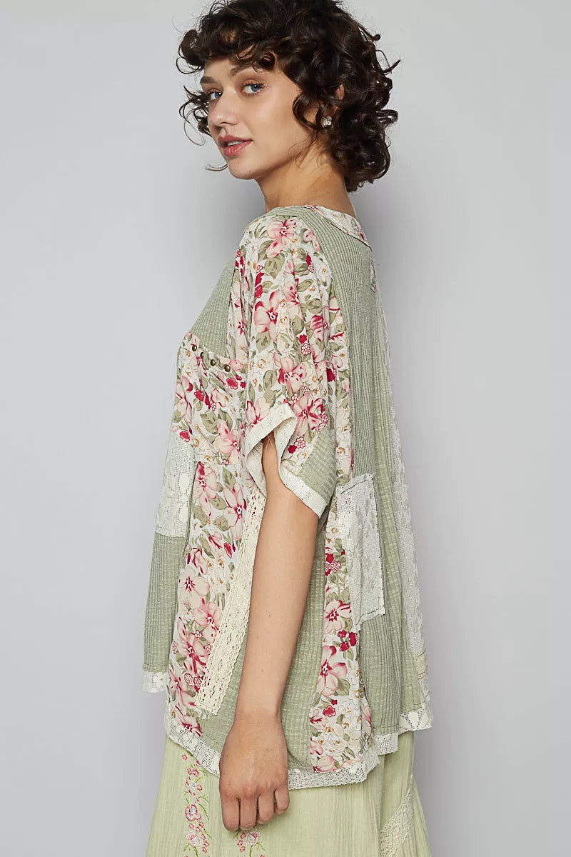 POL Lace Round Neck Short Sleeve Floral Pattern Top with Patch Detail 