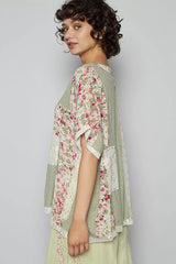 POL Lace Round Neck Short Sleeve Floral Pattern Top with Patch Detail 