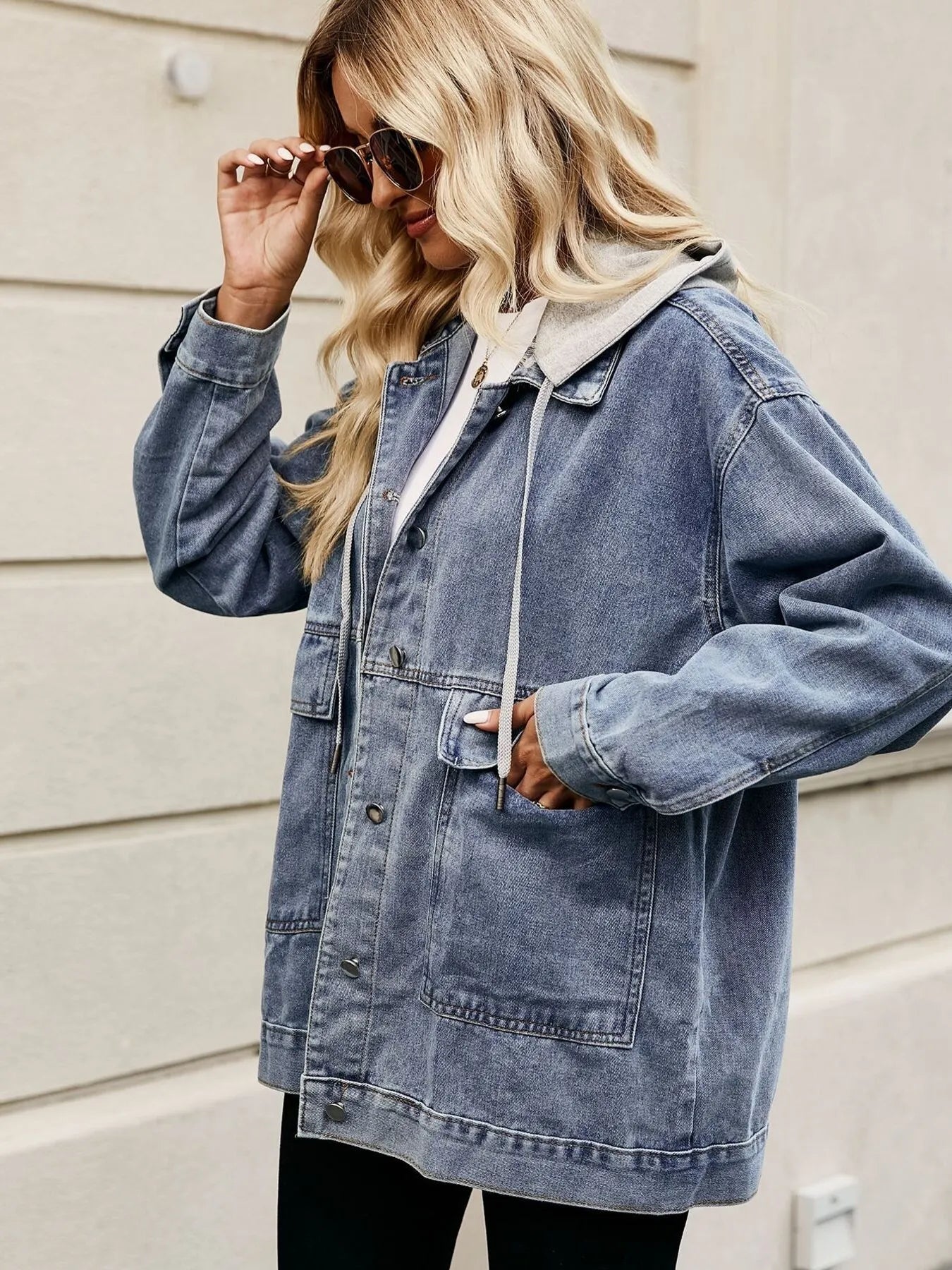 Oversized Button Up Denim Jacket with Hood 
