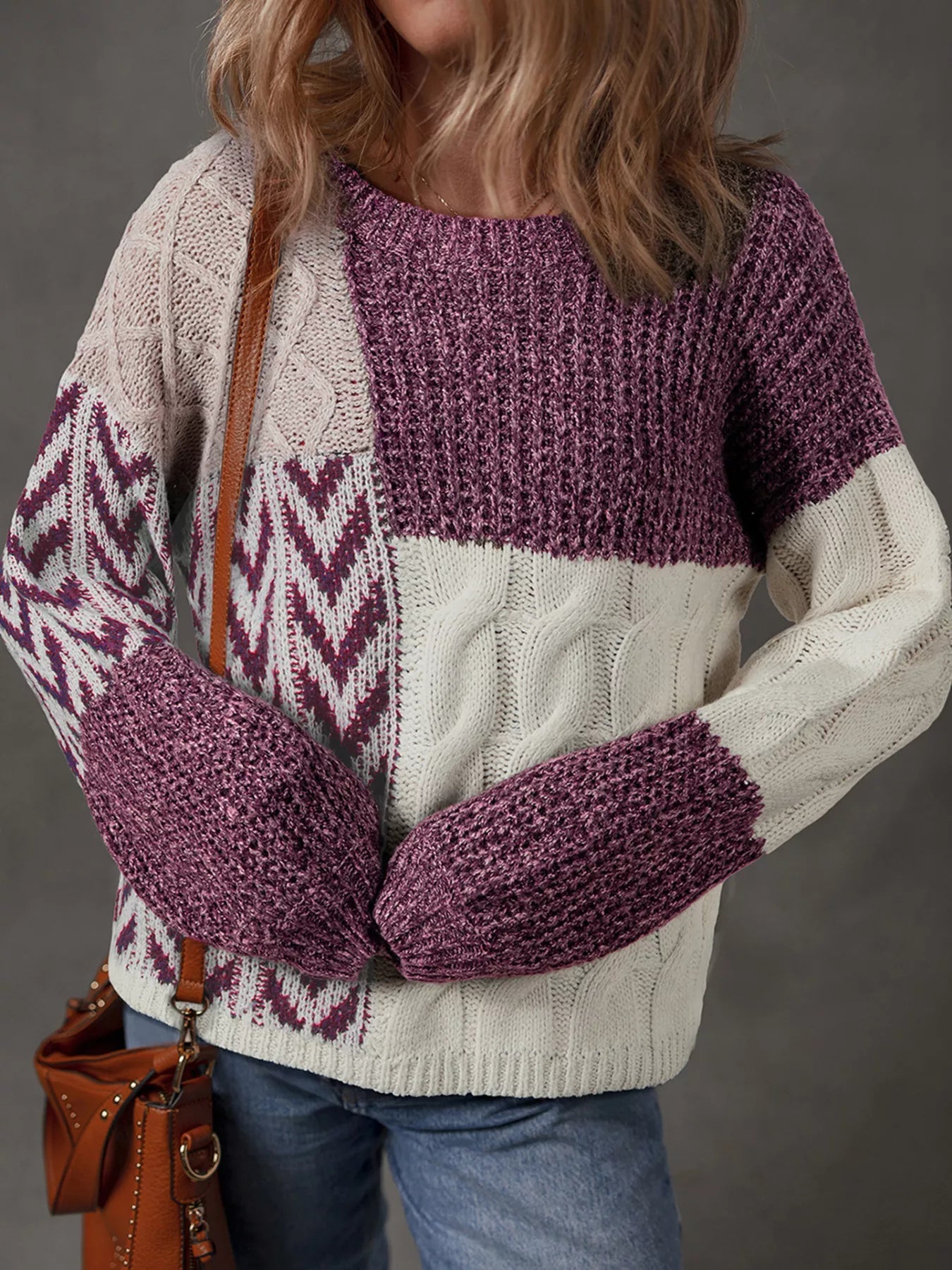 Color Block Patchwork Knotted Back Loose Fit Sweater 