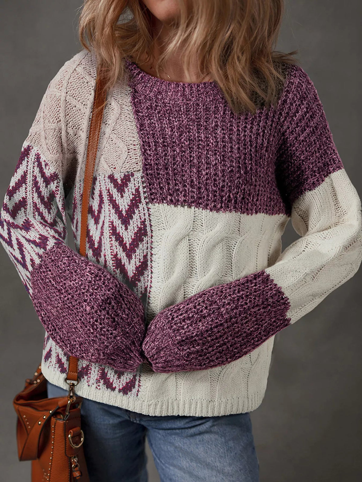 Color Block Patchwork Knotted Back Loose Fit Sweater 