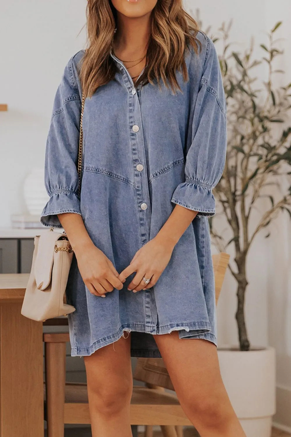 Distressed Collared Neck Flounce Sleeve Denim Dress 