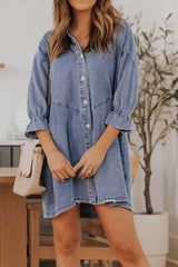 Distressed Collared Neck Flounce Sleeve Denim Dress 