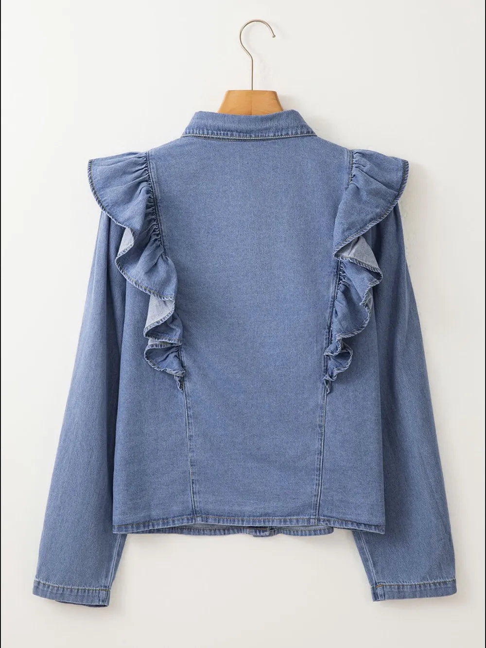 Ruffled Collared Neck Long Sleeve Denim Top 