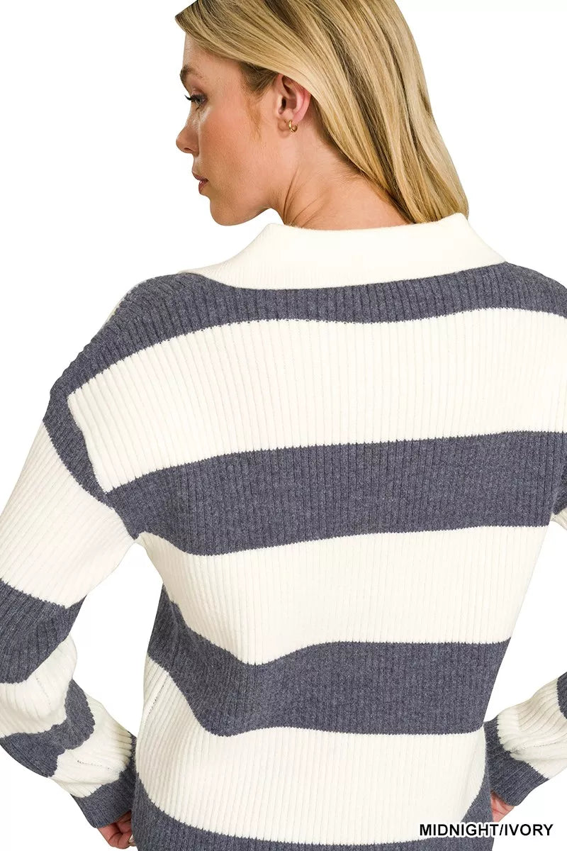 Zenana Striped Collared Sweater 