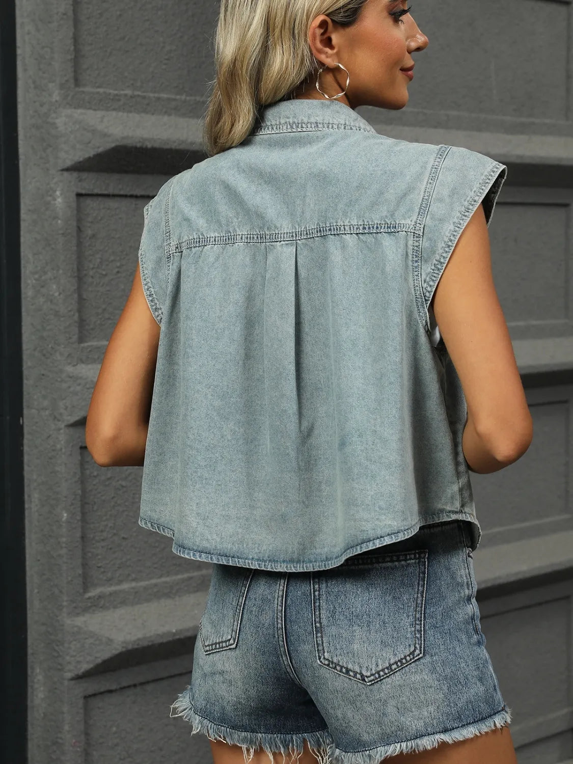 Button Up Cap Sleeve Denim Jacket 