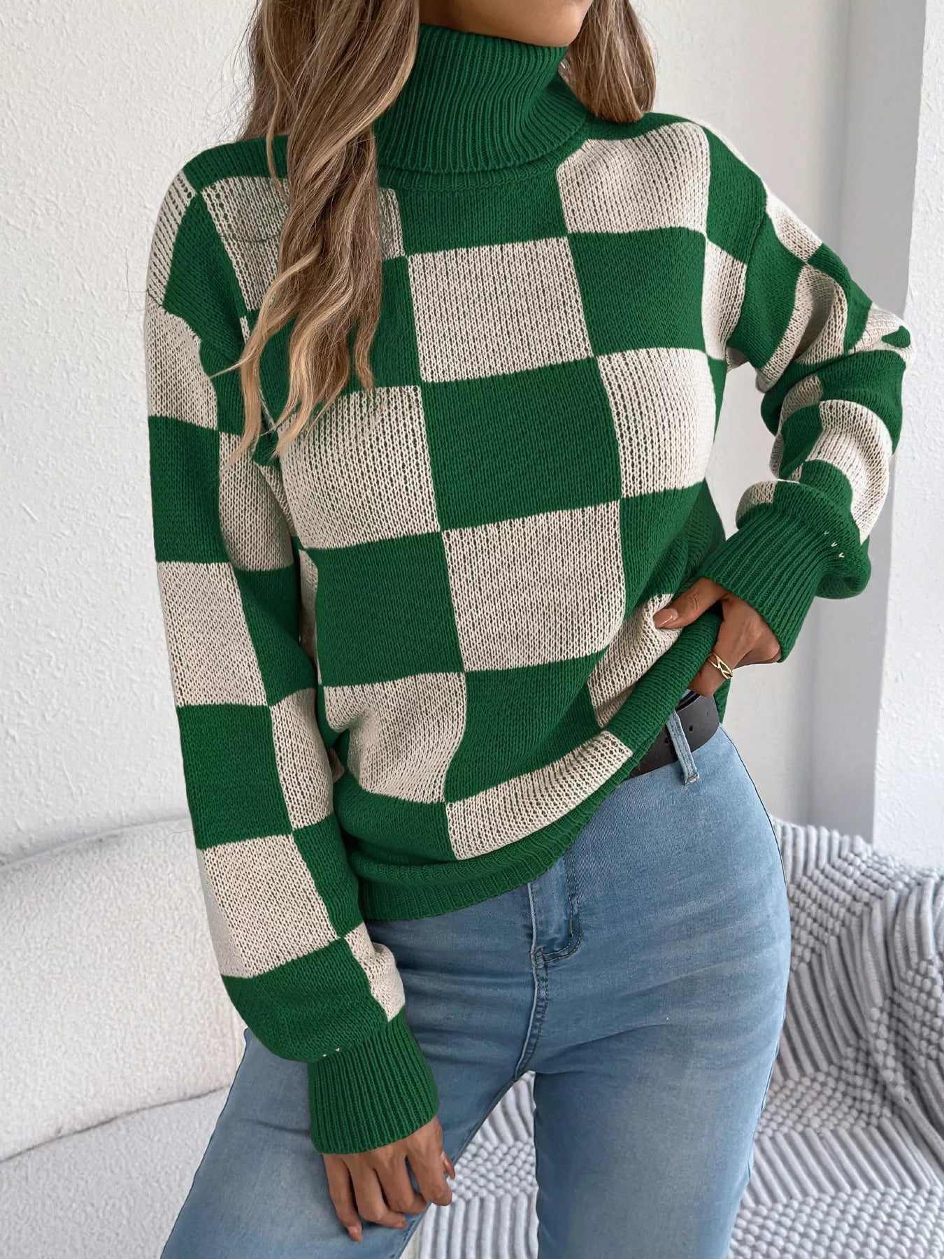 Checkered Turtleneck Long Sleeve Sweater 