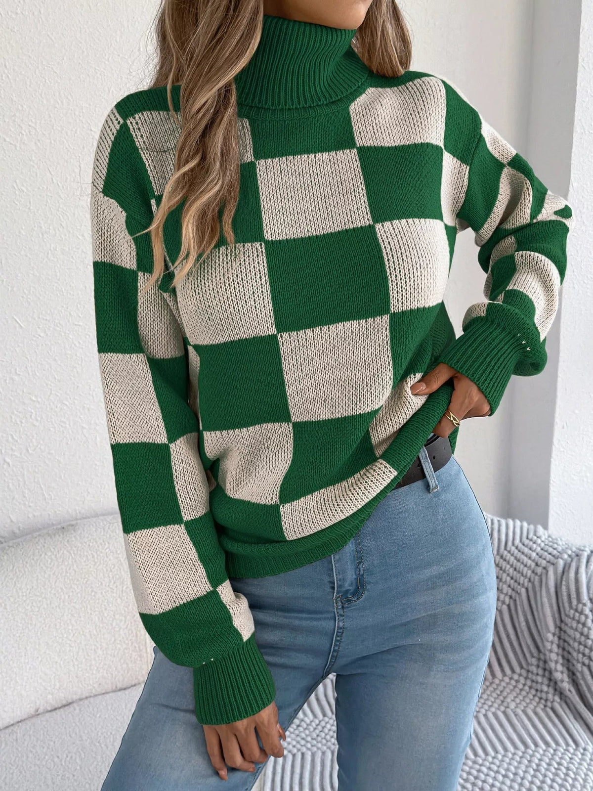 Checkered Turtleneck Long Sleeve Sweater 