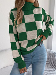 Checkered Turtleneck Long Sleeve Sweater 